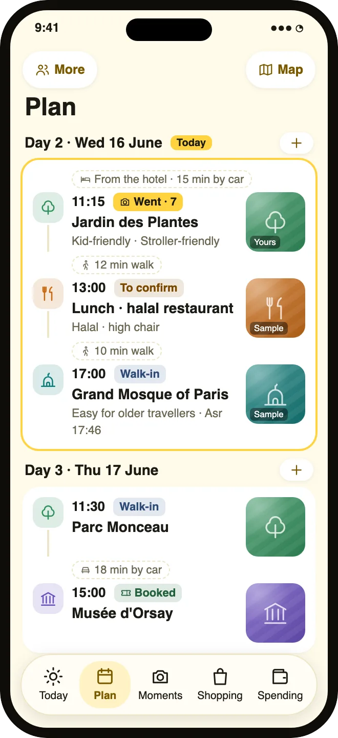 The Plan page: the trip's days and places in order